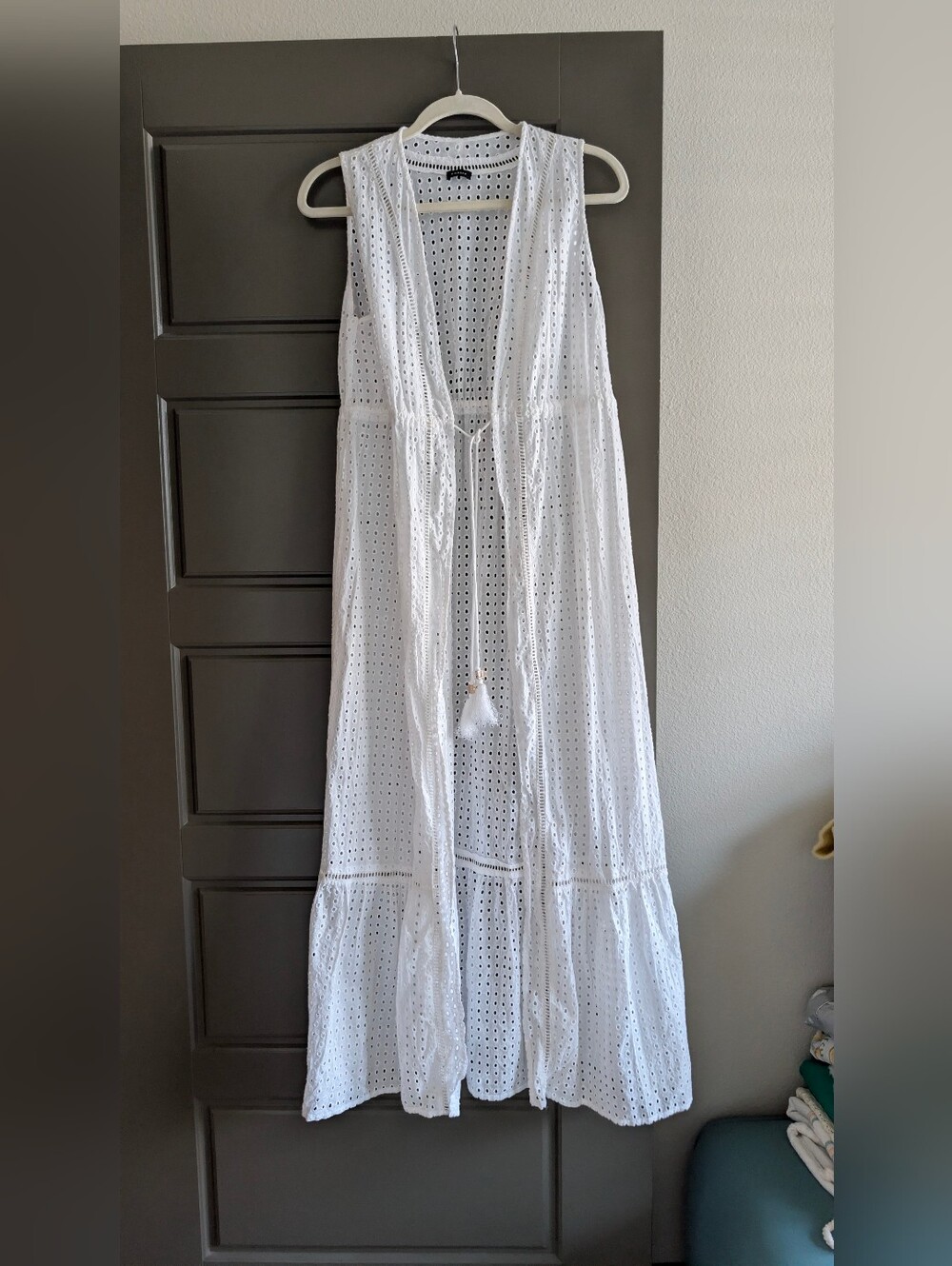 Beautiful White Eyelet Long Swim Coverup with Tassel Tie - Never Worn